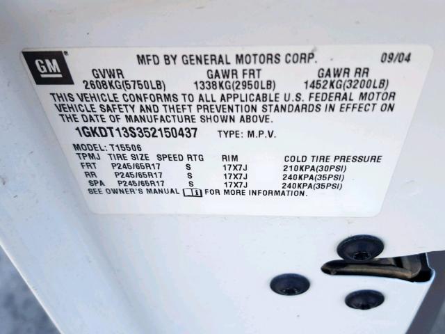 1GKDT13S352150437 - 2005 GMC ENVOY WHITE photo 10