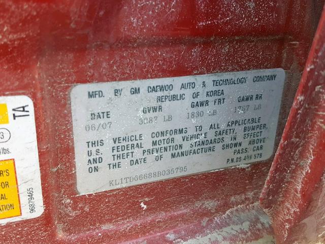 KL1TD66688B035795 - 2008 CHEVROLET AVEO BASE წითელი ფოტო 10