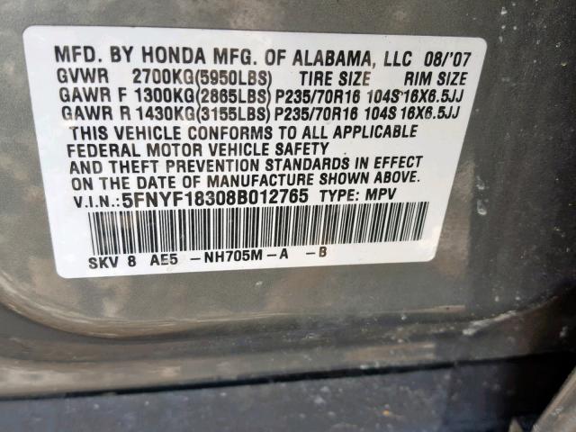 5FNYF18308B012765 - 2008 HONDA PILOT SE GRAY photo 10