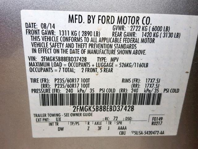 2FMGK5B88EBD37428 - 2014 FORD FLEX SE GRAY photo 10