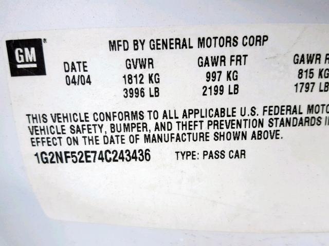 1G2NF52E74C243436 - 2004 PONTIAC GRAND AM S WHITE photo 10