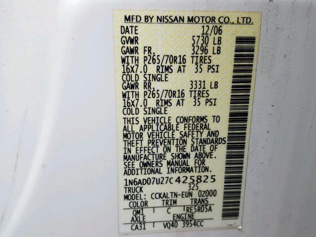 1N6AD07U27C425825 - 2007 NISSAN FRONTIER C WHITE photo 10