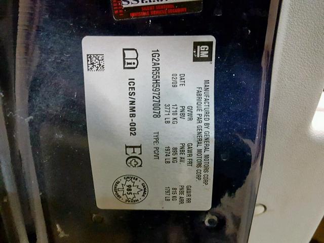 1G2AR55H597270078 - 2009 PONTIAC G5 BLUE photo 10