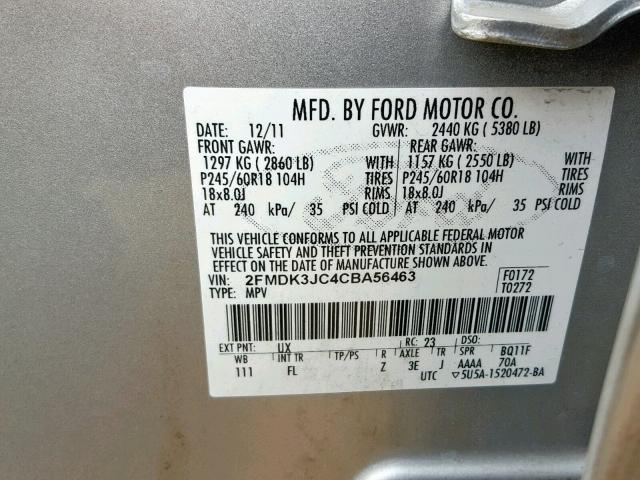 2FMDK3JC4CBA56463 - 2012 FORD EDGE SEL SILVER photo 10