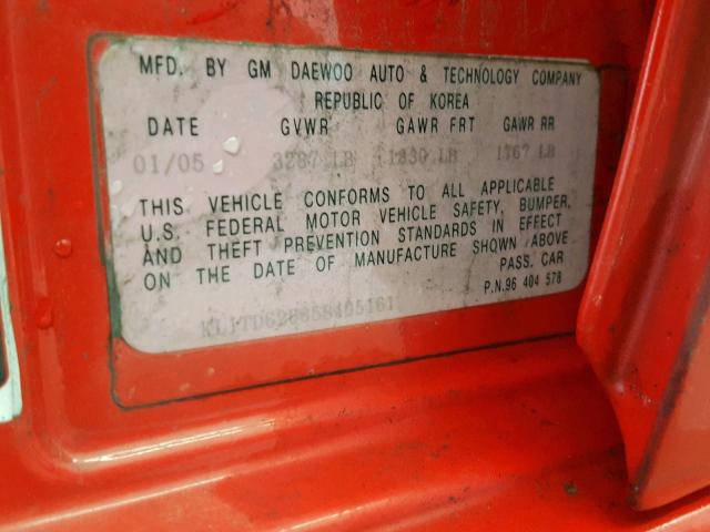KL1TD62685B405161 - 2005 CHEVROLET AVEO BASE Қызыл фото 10