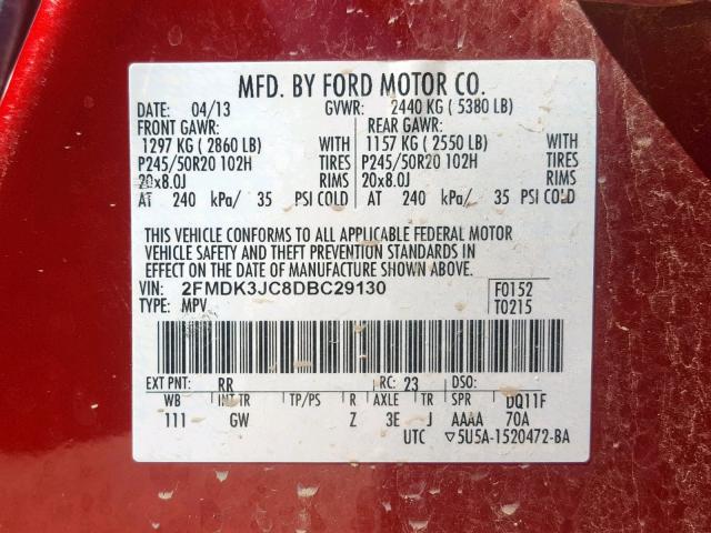 2FMDK3JC8DBC29130 - 2013 FORD EDGE SEL RED photo 10