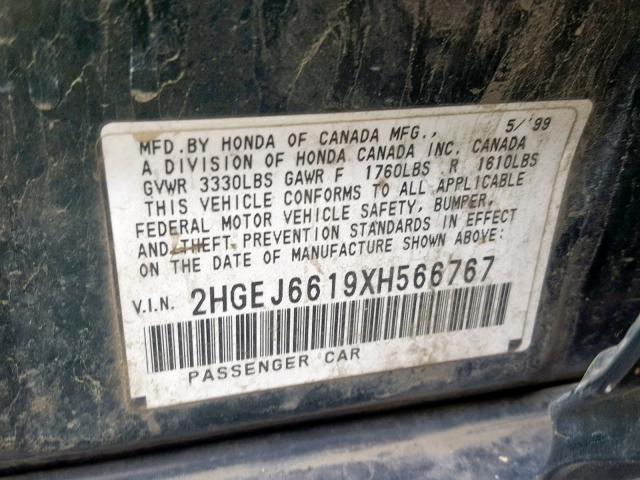 2HGEJ6619XH566767 - 1999 HONDA CIVIC BASE Yaşıl foto 10