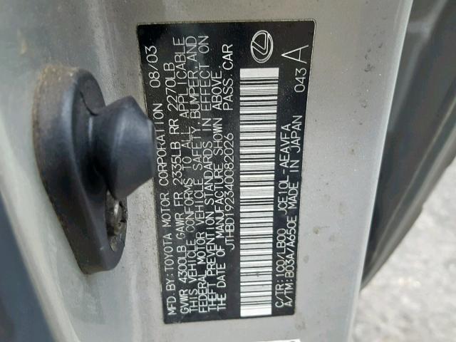 JTHBD192340082026 - 2004 LEXUS IS 300 GRAY photo 10