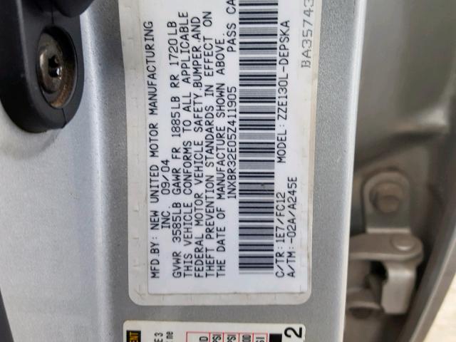 1NXBR32E05Z411905 - 2005 TOYOTA COROLLA S SILVER photo 10