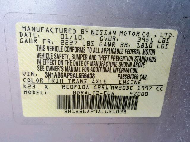 3N1AB6AP9AL656038 - 2010 NISSAN SENTRA 2.0 SILVER photo 10