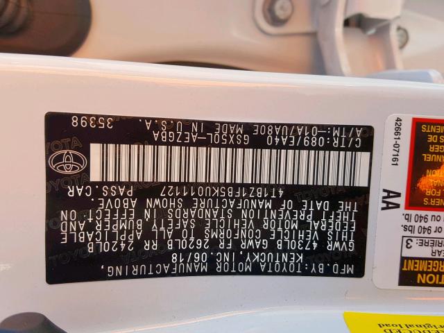 4T1BZ1FB5KU011127 - 2019 TOYOTA AVALON XLE WHITE photo 10