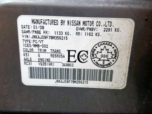 JNKAJ09F78M356215 - 2008 INFINITI EX35 BASE GRAY photo 10