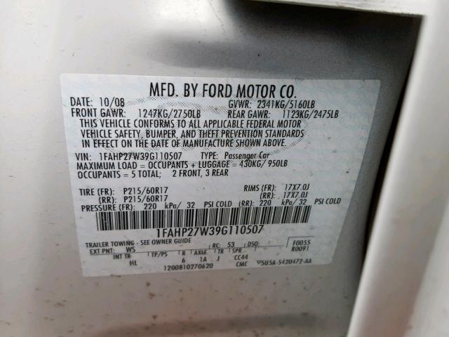 1FAHP27W39G110507 - 2009 FORD TAURUS SEL WHITE photo 10