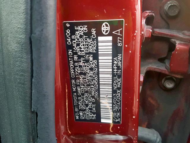 JTKKT624560162758 - 2006 TOYOTA SCION XA BURGUNDY photo 10