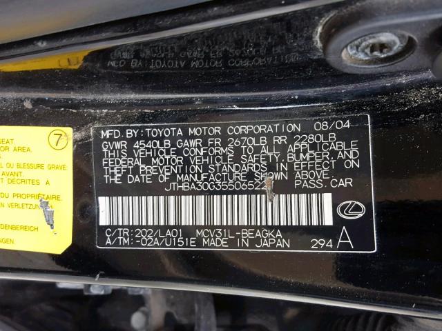 JTHBA30G355065227 - 2005 LEXUS ES 330 BLACK photo 10