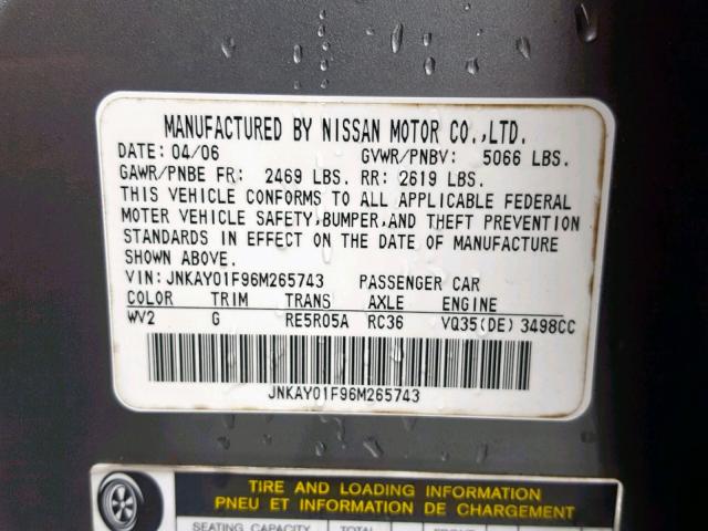 JNKAY01F96M265743 - 2006 INFINITI M35 BASE GRAY photo 10