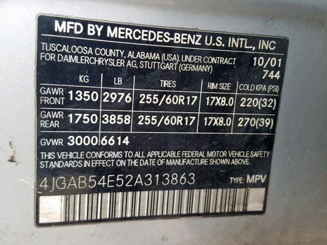 4JGAB54E52A313863 - 2002 MERCEDES-BENZ ML 320 SILVER photo 10