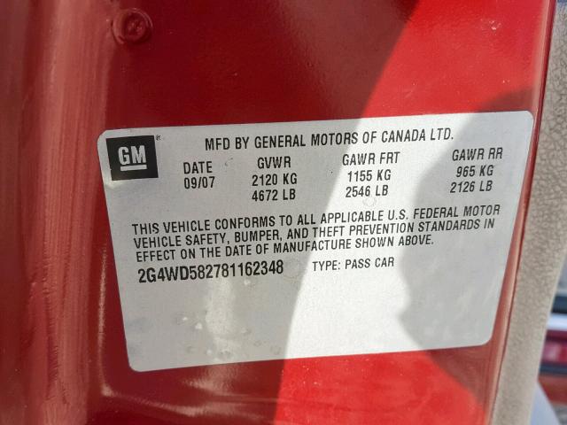 2G4WD582781162348 - 2008 BUICK LACROSSE C RED photo 10
