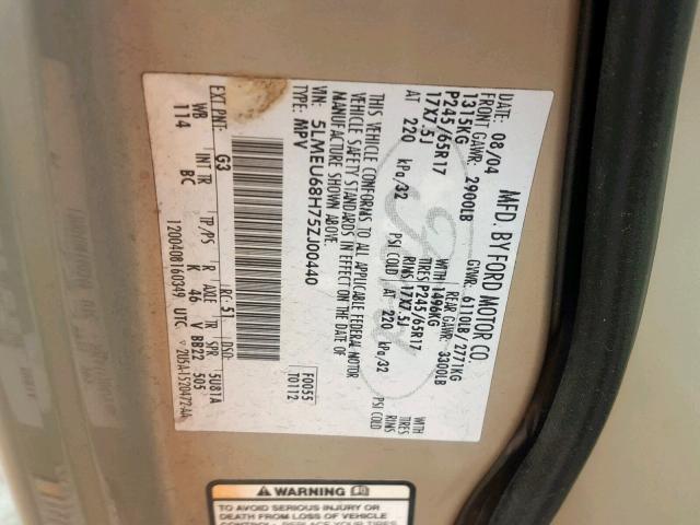 5LMEU68H75ZJ00440 - 2005 LINCOLN AVIATOR 金色 照片 10