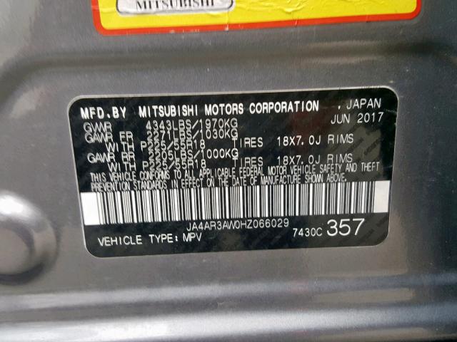 JA4AR3AW0HZ066029 - 2017 MITSUBISHI OUTLANDER GRAY photo 10