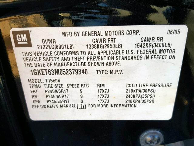 1GKET63M052379340 - 2005 GMC ENVOY DENA BLACK photo 10