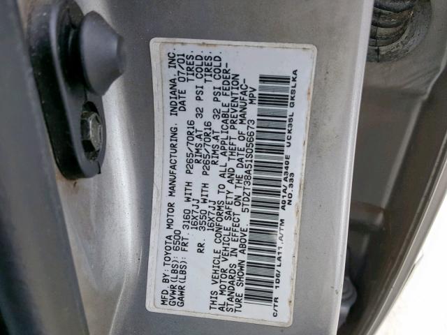 5TDZT38A51S056673 - 2001 TOYOTA SEQUOIA LI SILVER photo 10