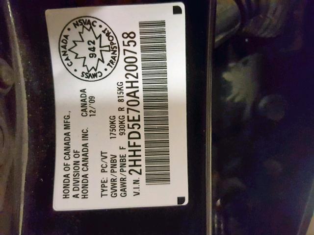 2HHFD5E70AH200758 - 2010 ACURA CSX TECHNO BLACK photo 10