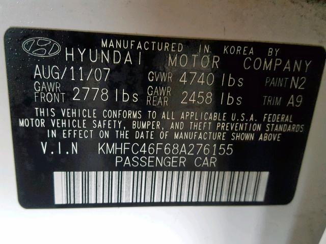 KMHFC46F68A276155 - 2008 HYUNDAI AZERA SE WHITE photo 10