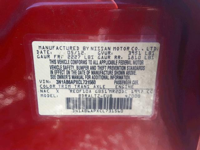 3N1AB6APXCL731560 - 2012 NISSAN SENTRA 2.0 RED photo 10