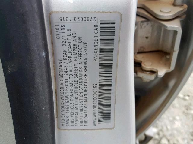 WVWWH63B42E098152 - 2002 VOLKSWAGEN PASSAT GLX 银色 照片 10
