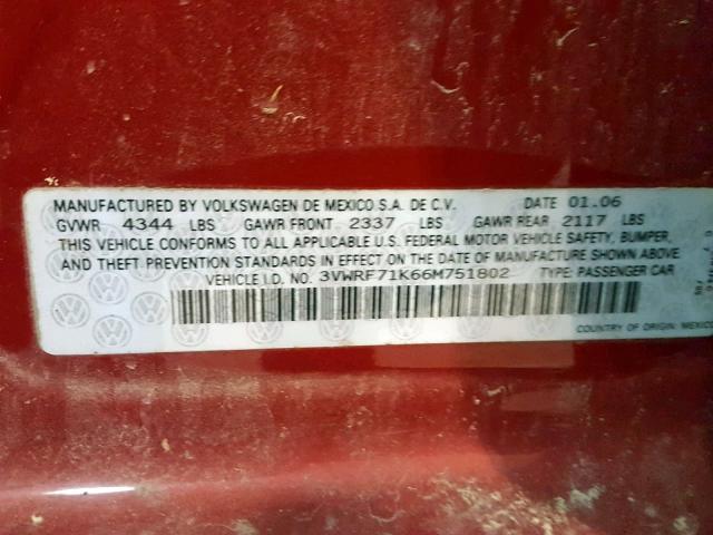 3VWRF71K66M751802 - 2006 VOLKSWAGEN JETTA 2.5 RED photo 10