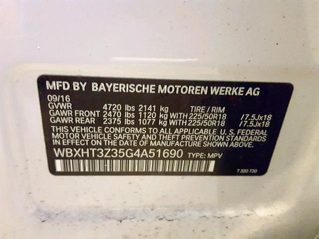 WBXHT3Z35G4A51690 - 2016 BMW X1 XDRIVE2 WHITE photo 10