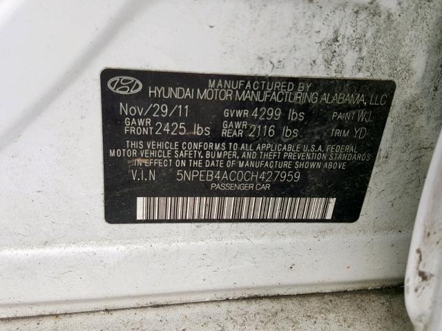 5NPEB4AC0CH427959 - 2012 HYUNDAI SONATA GLS WHITE photo 10