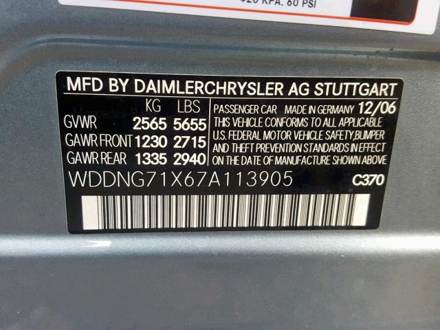 WDDNG71X67A113905 - 2007 MERCEDES-BENZ S 550 GRAY photo 10