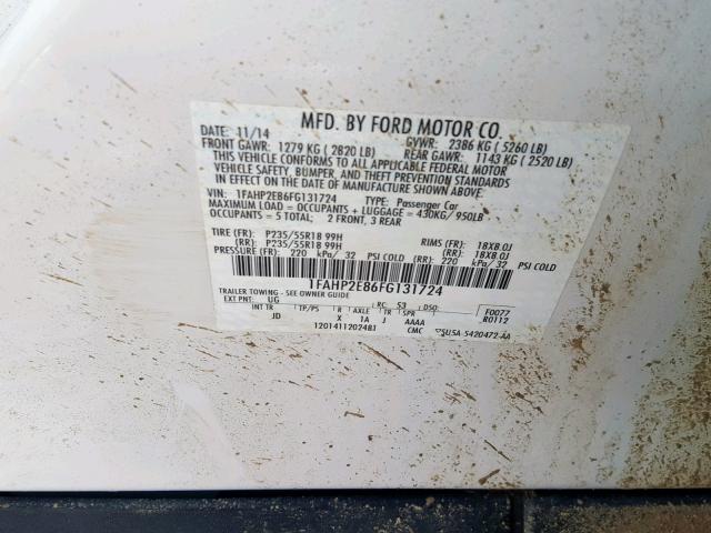 1FAHP2E86FG131724 - 2015 FORD TAURUS SEL WHITE photo 10