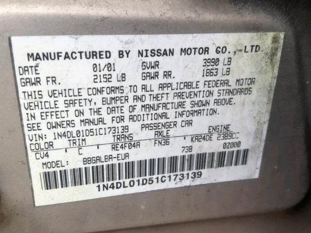 1N4DL01D51C173139 - 2001 NISSAN ALTIMA XE TAN photo 10