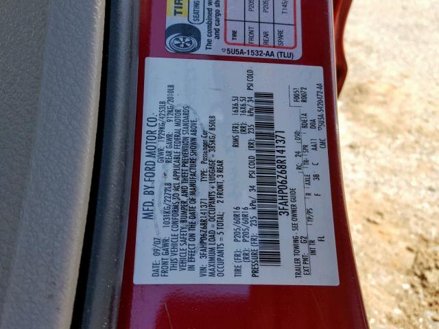 3FAHP06Z68R141371 - 2008 FORD FUSION S RED photo 10