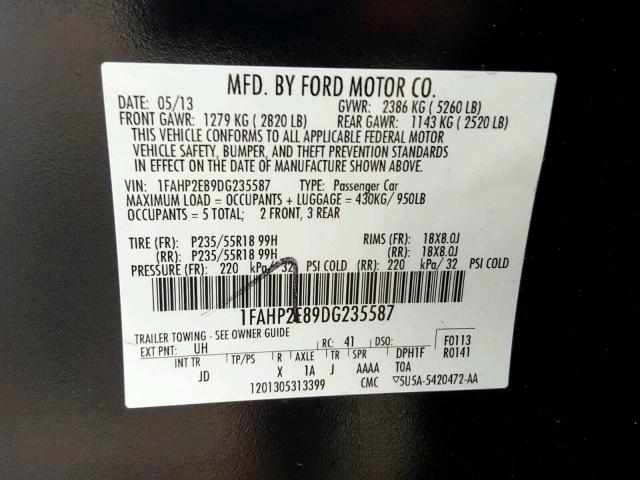 1FAHP2E89DG235587 - 2013 FORD TAURUS SEL BLACK photo 10