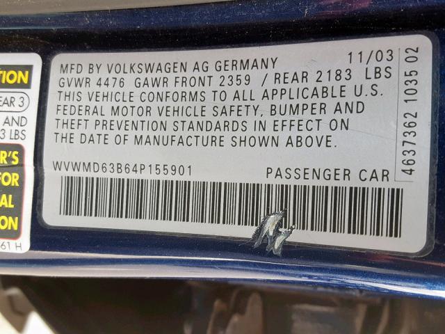 WVWMD63B64P155901 - 2004 VOLKSWAGEN PASSAT GL BLUE photo 10