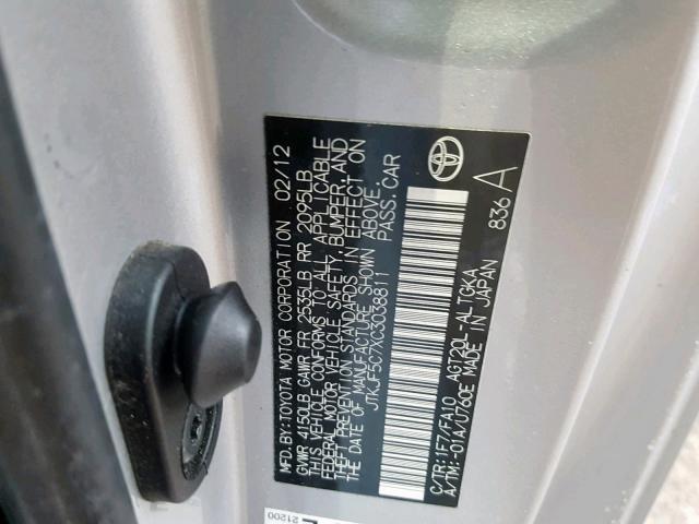 JTKJF5C7XC3038811 - 2012 TOYOTA SCION TC ვერცხლისფერი ფოტო 10