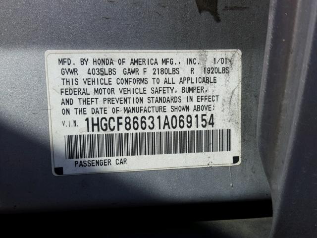 1HGCF86631A069154 - 2001 HONDA ACCORD VAL SILVER photo 10