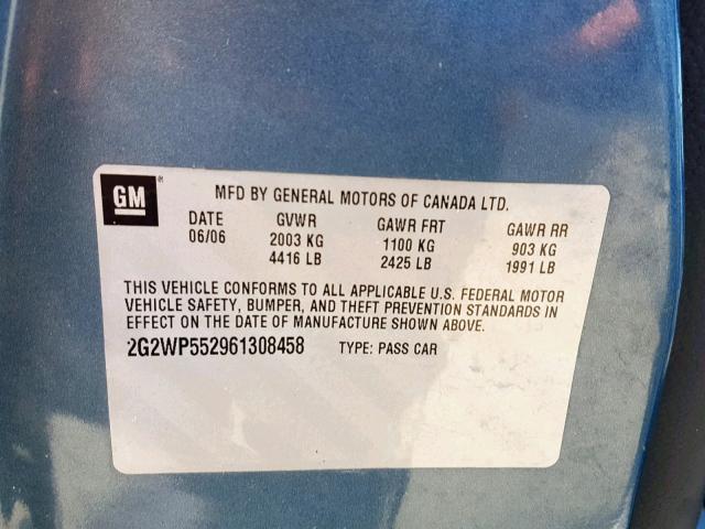 2G2WP552961308458 - 2006 PONTIAC GRAND PRIX TEAL photo 10