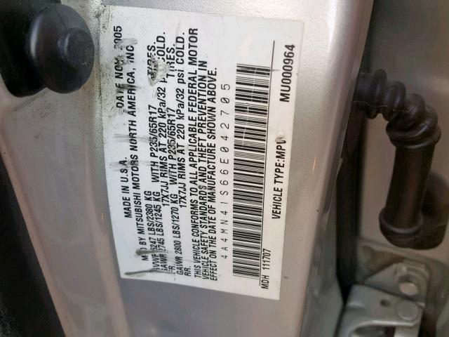 4A4MN41S66E042705 - 2006 MITSUBISHI ENDEAVOR L SILVER photo 10