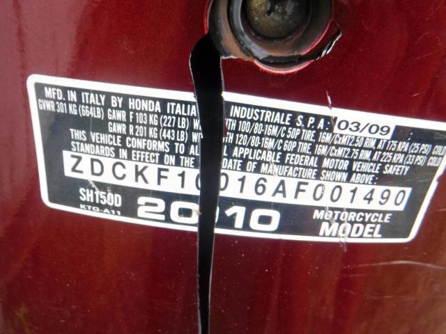 ZDCKF1016AF001490 - 2010 HONDA SH150 D MAROON photo 10