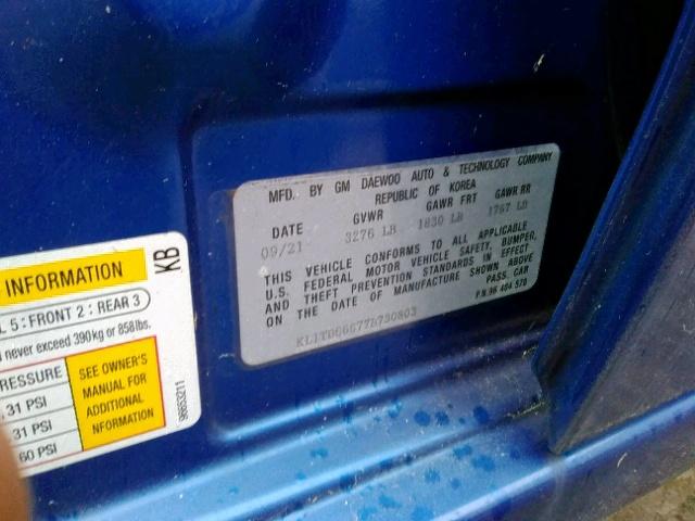 KL1TD66677B730803 - 2007 CHEVROLET AVEO BASE 蓝色 照片 9