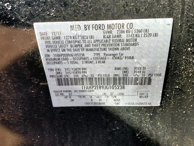 1FAHP2E89JG105238 - 2018 FORD TAURUS SEL BLACK photo 10