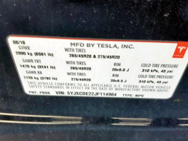 5YJXCDE22JF114964 - 2018 TESLA MODEL X BLACK photo 10