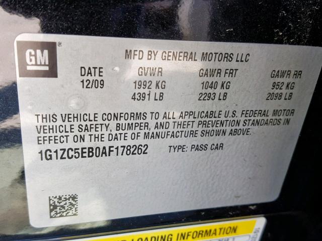 1G1ZC5EB0AF178262 - 2010 CHEVROLET MALIBU 1LT შავი ფოტო 10