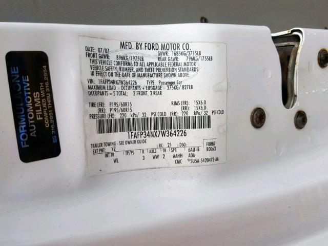 1FAFP34NX7W364226 - 2007 FORD FOCUS ZX4 WHITE photo 10