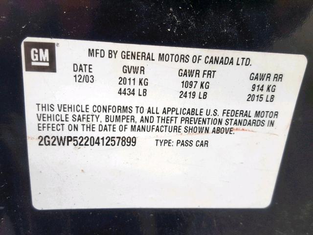 2G2WP522041257899 - 2004 PONTIAC GRAND PRIX BLACK photo 10